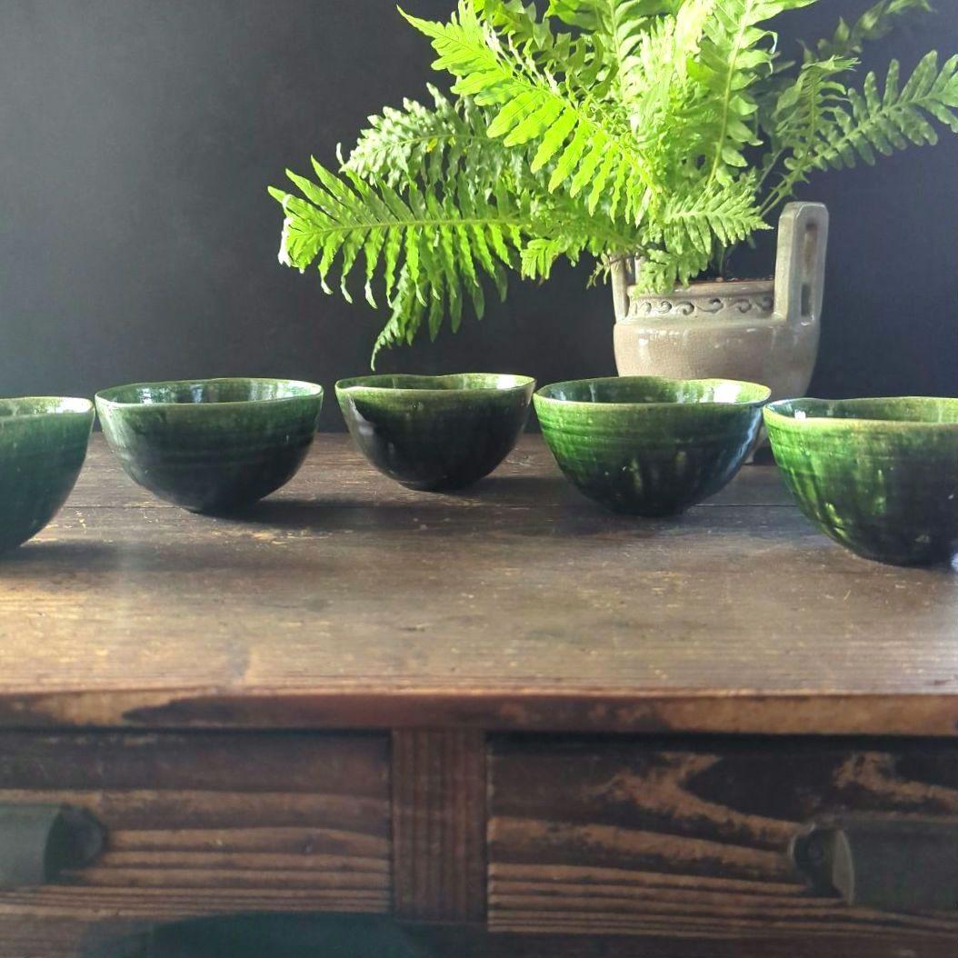 陶芸土物　作家もの　織部焼織部釉　マルチボウル　小鉢　茶碗　サラダボウル　５客